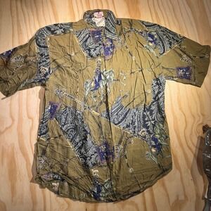 Goouch Men's Vintage Equestrian Paisley Short Sleeve Button Up Shirt Green M